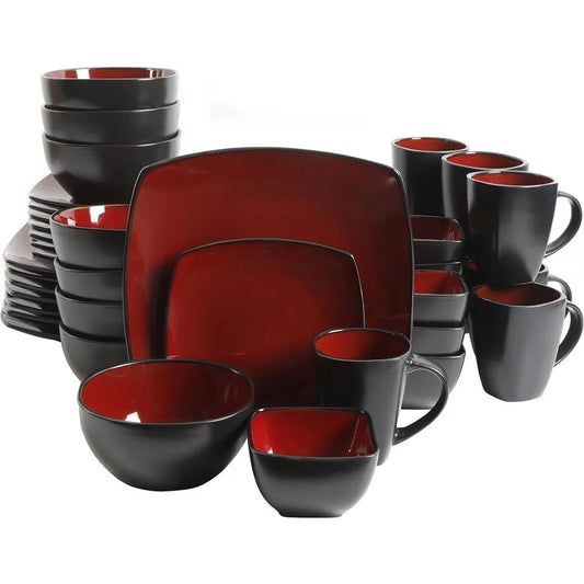 Plate Set Luxury Service for 8 (40pc) Kitchen Plates Red/Black Dish Square Reactive Glaze Stoneware