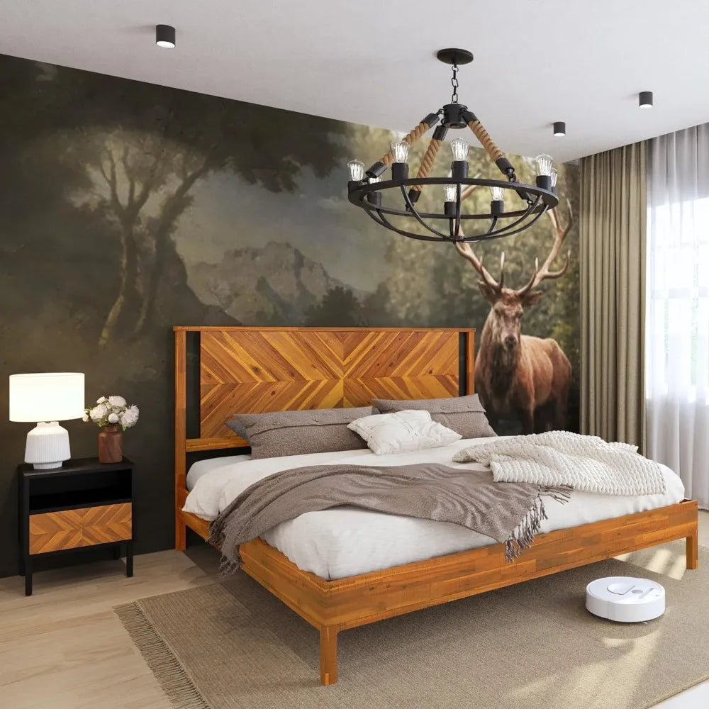 Luxury bed frame with headboard, rustic and Scandinavian style,