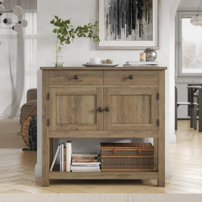 Farmhouse Console Table with 2-Door Cabinet & 2 Drawers, Coffee Bar