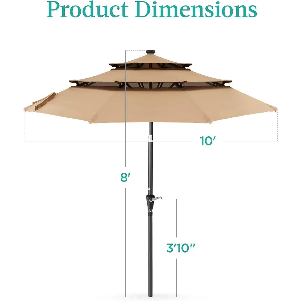 10ft 3-Tier Solar Patio Umbrella w/ 24 LED Lights, Tilt Adjustment