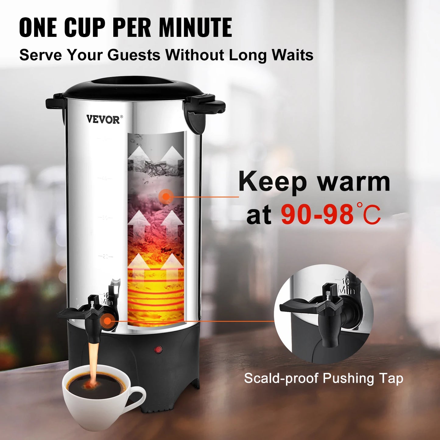 50 Cups Commercial Coffee Urn Stainless Steel Large Coffee Dispenser 1000W Electric Coffee Maker Urn For Quick Brewing