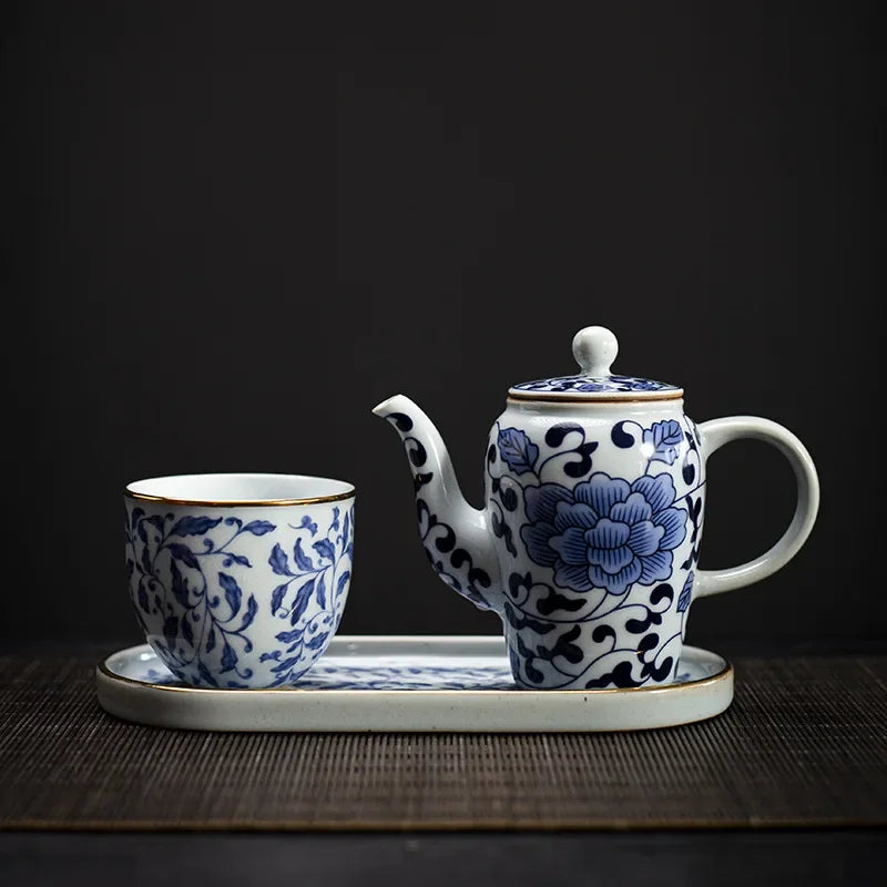 Blue and White Interlock Branch Lotus Pot Japanese Porcelain Kung Fu Tea Set Teapot Small Capacity Single Hand Ewer Tea Kettle