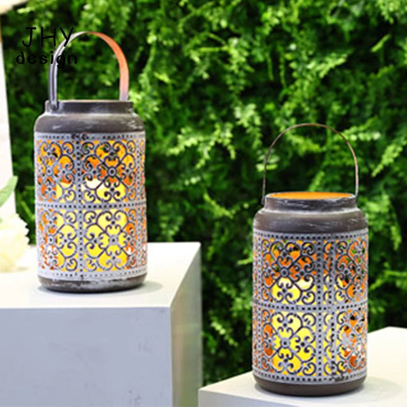 2Pcs Vintage style Lantern Metal Table Lamp with Flameless LED Candles  Table Candlestick for patio