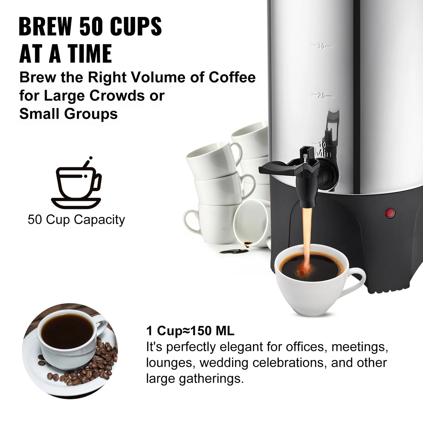 50 Cups Commercial Coffee Urn Stainless Steel Large Coffee Dispenser 1000W Electric Coffee Maker Urn For Quick Brewing