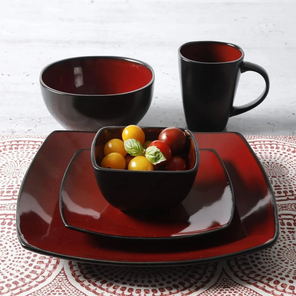 Plate Set Luxury Service for 8 (40pc) Kitchen Plates Red/Black Dish Square Reactive Glaze Stoneware