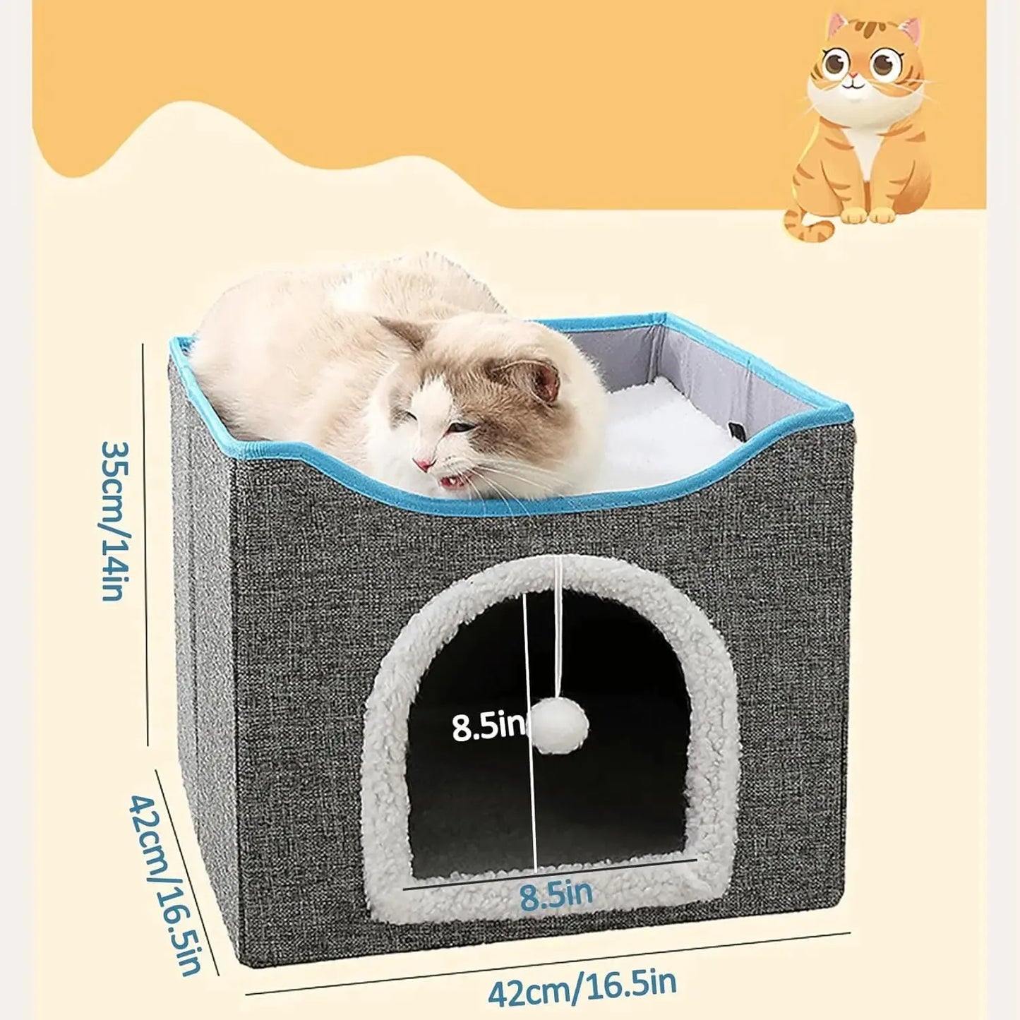 Large Cat Bed with Fluffy Ball Hanging and Scratch Pad Double Layered Foldable Cat Beds for Indoor Cats