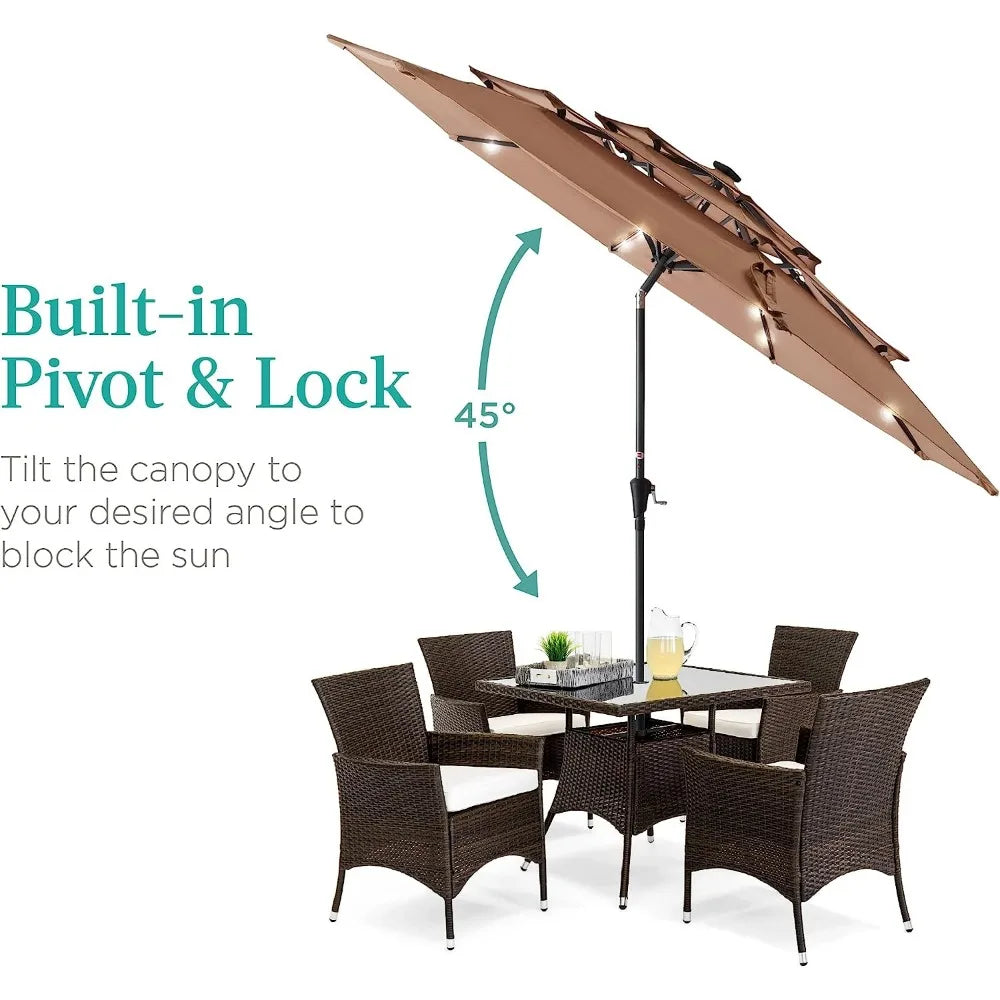 10ft 3-Tier Solar Patio Umbrella w/ 24 LED Lights, Tilt Adjustment