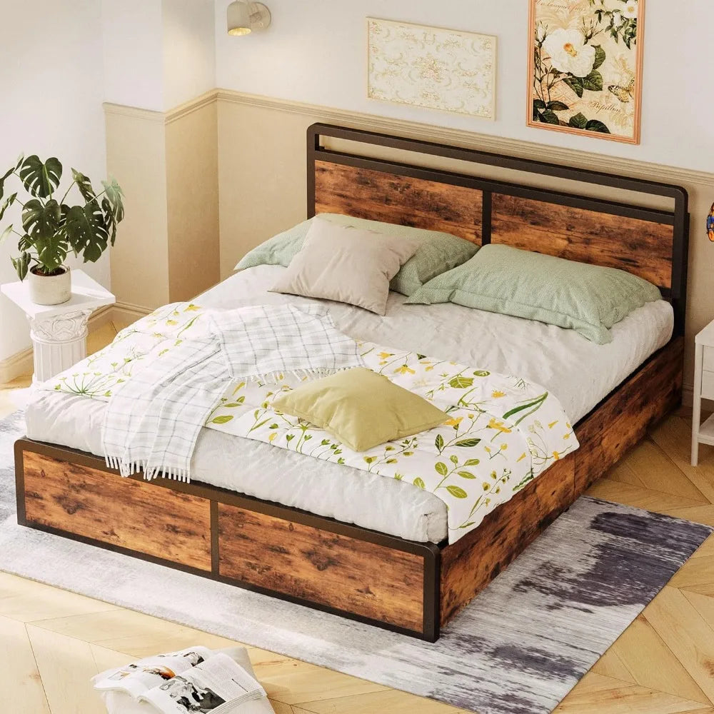 Queen Size Bed Frame with Storage, Adjustable Headboard and 4 Drawers,, No Box Spring Needed