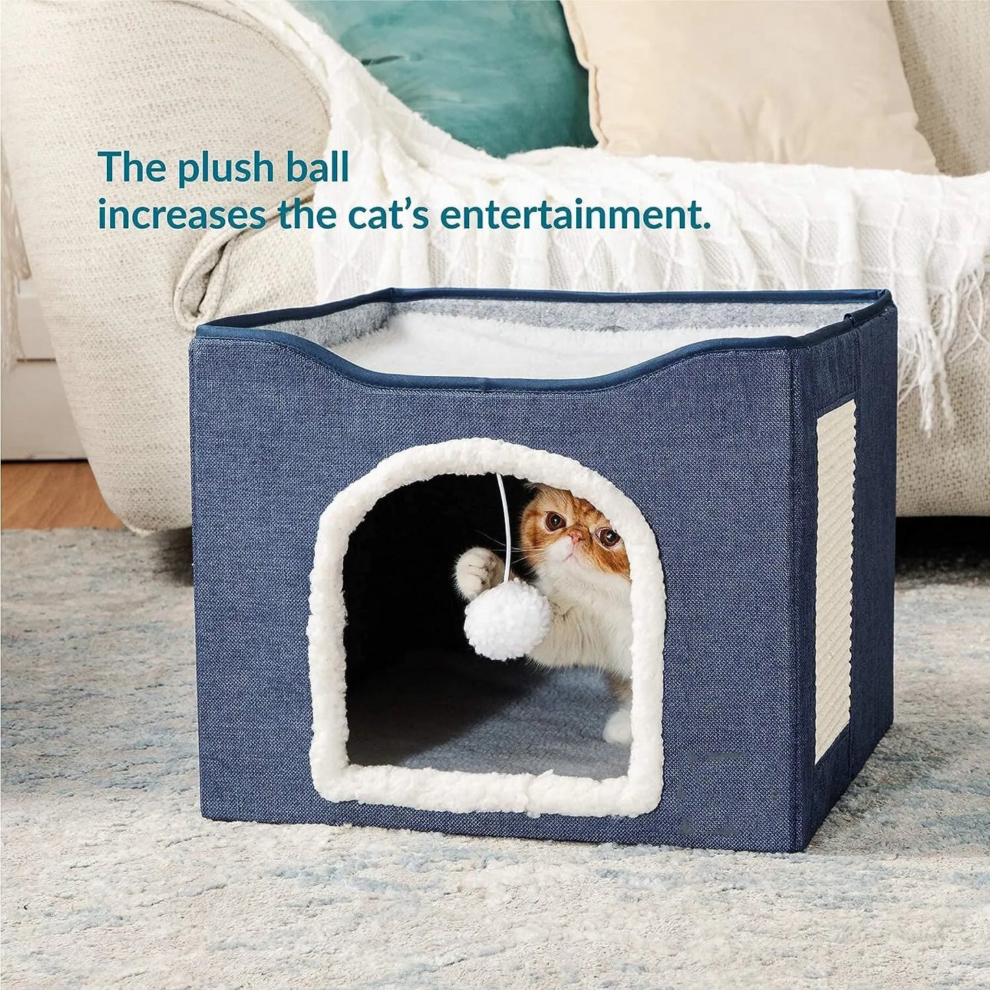 Large Cat Bed with Fluffy Ball Hanging and Scratch Pad Double Layered Foldable Cat Beds for Indoor Cats