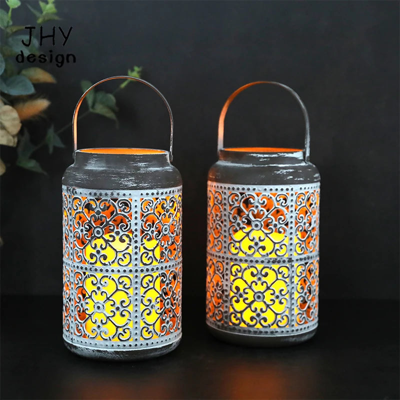 2Pcs Vintage style Lantern Metal Table Lamp with Flameless LED Candles  Table Candlestick for patio