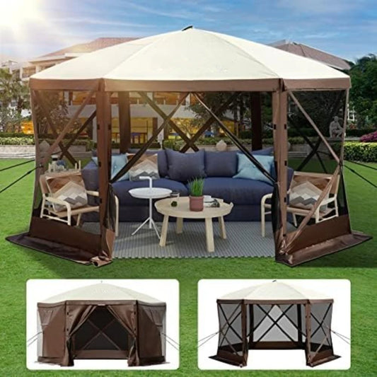 Pop-up Camping Canopy Gazebo Screen Tent, 12 x 12ft 6 Sided Shelter Tent with Mesh Windows, Carry Bag & Ground Stakes