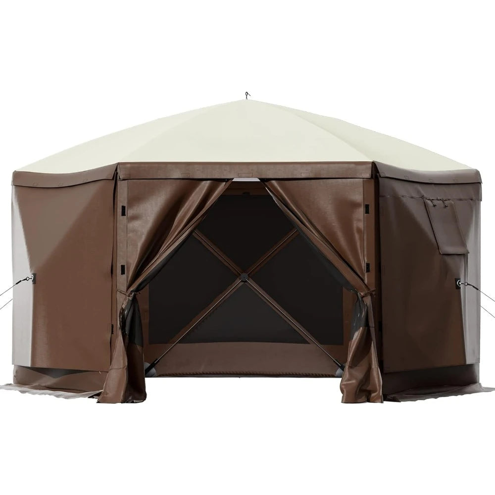 Pop-up Camping Canopy Gazebo Screen Tent, 12 x 12ft 6 Sided Shelter Tent with Mesh Windows, Carry Bag & Ground Stakes