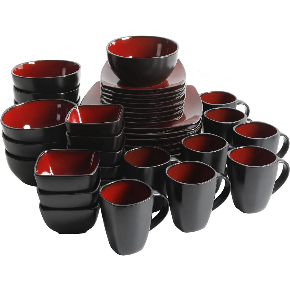 Plate Set Luxury Service for 8 (40pc) Kitchen Plates Red/Black Dish Square Reactive Glaze Stoneware