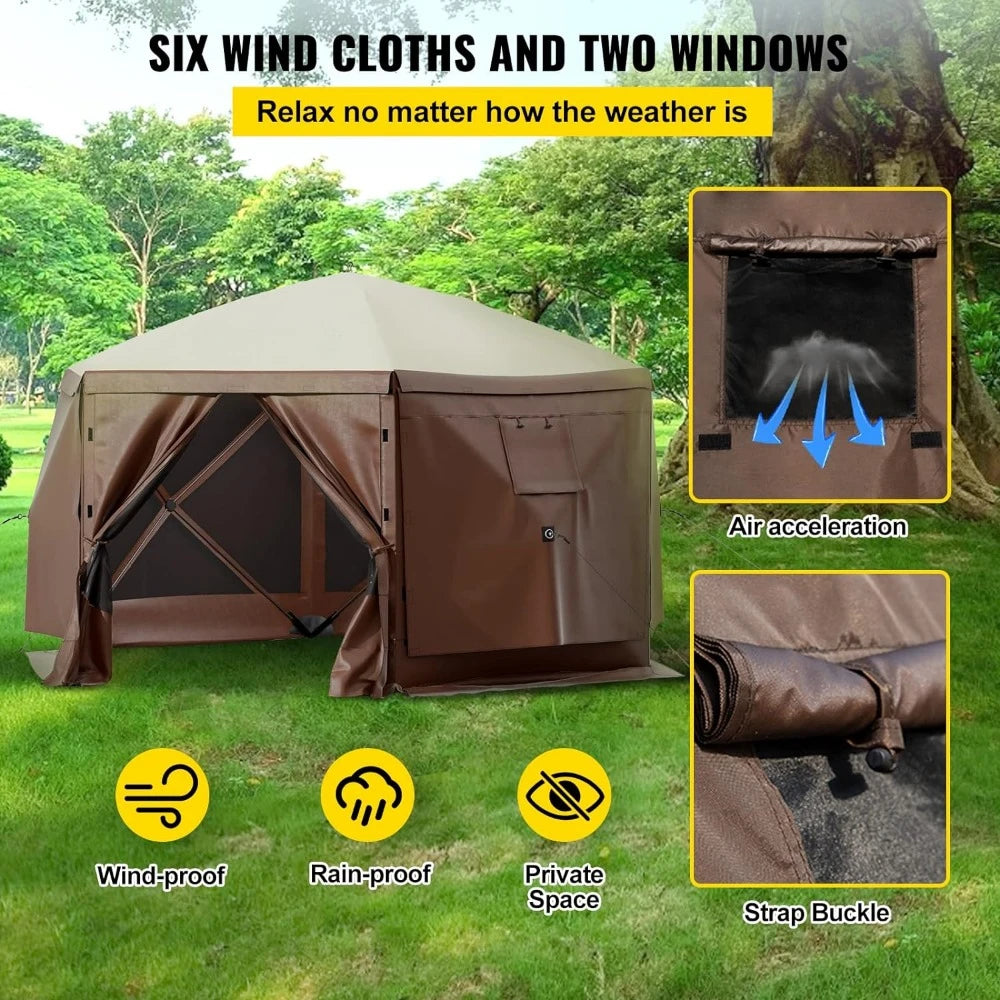 Pop-up Camping Canopy Gazebo Screen Tent, 12 x 12ft 6 Sided Shelter Tent with Mesh Windows, Carry Bag & Ground Stakes