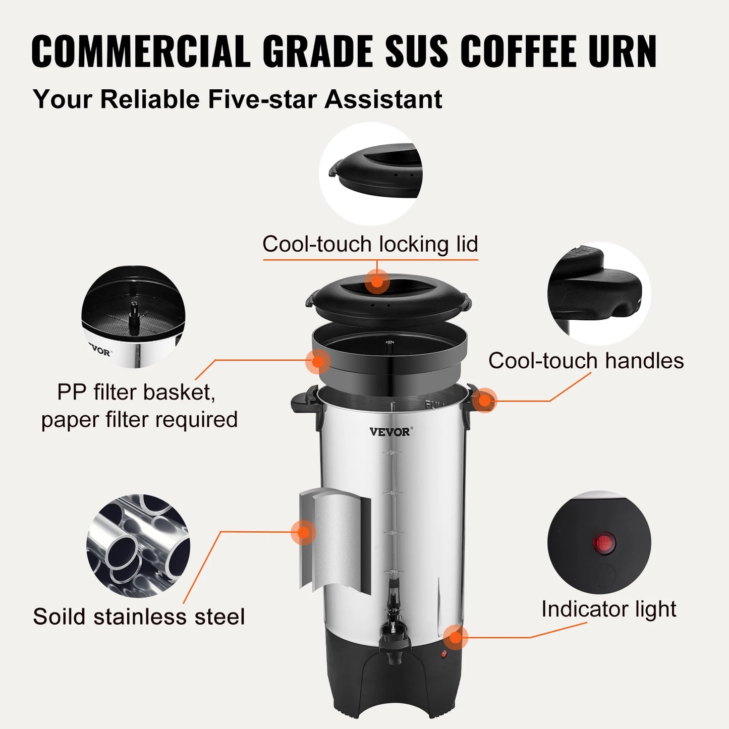 50 Cups Commercial Coffee Urn Stainless Steel Large Coffee Dispenser 1000W Electric Coffee Maker Urn For Quick Brewing