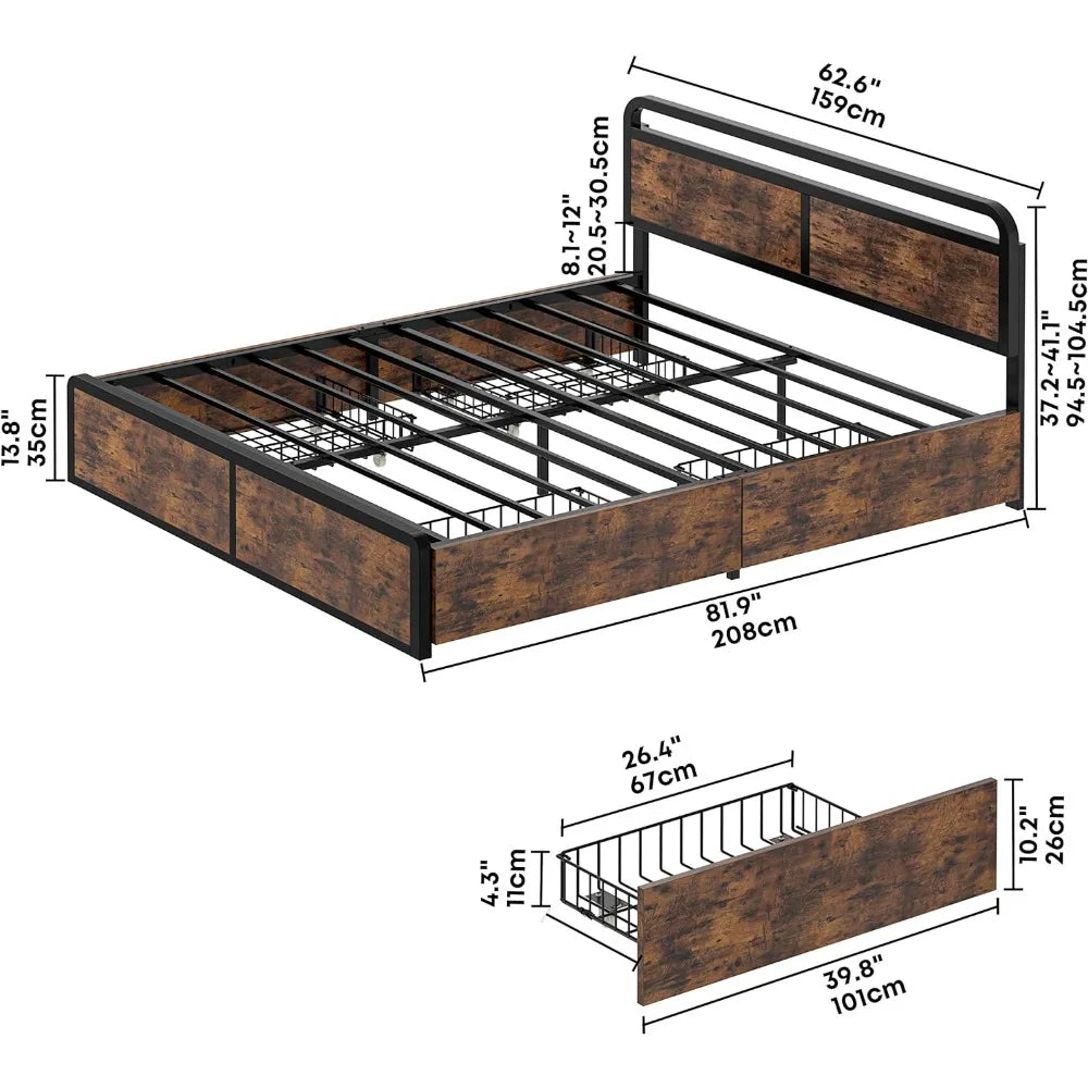 Queen Size Bed Frame with Storage, Adjustable Headboard and 4 Drawers,, No Box Spring Needed