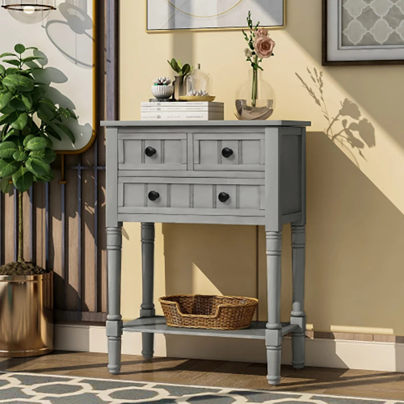 Console Table Narrow Wooden Entryway Table with 3 Storage Drawers