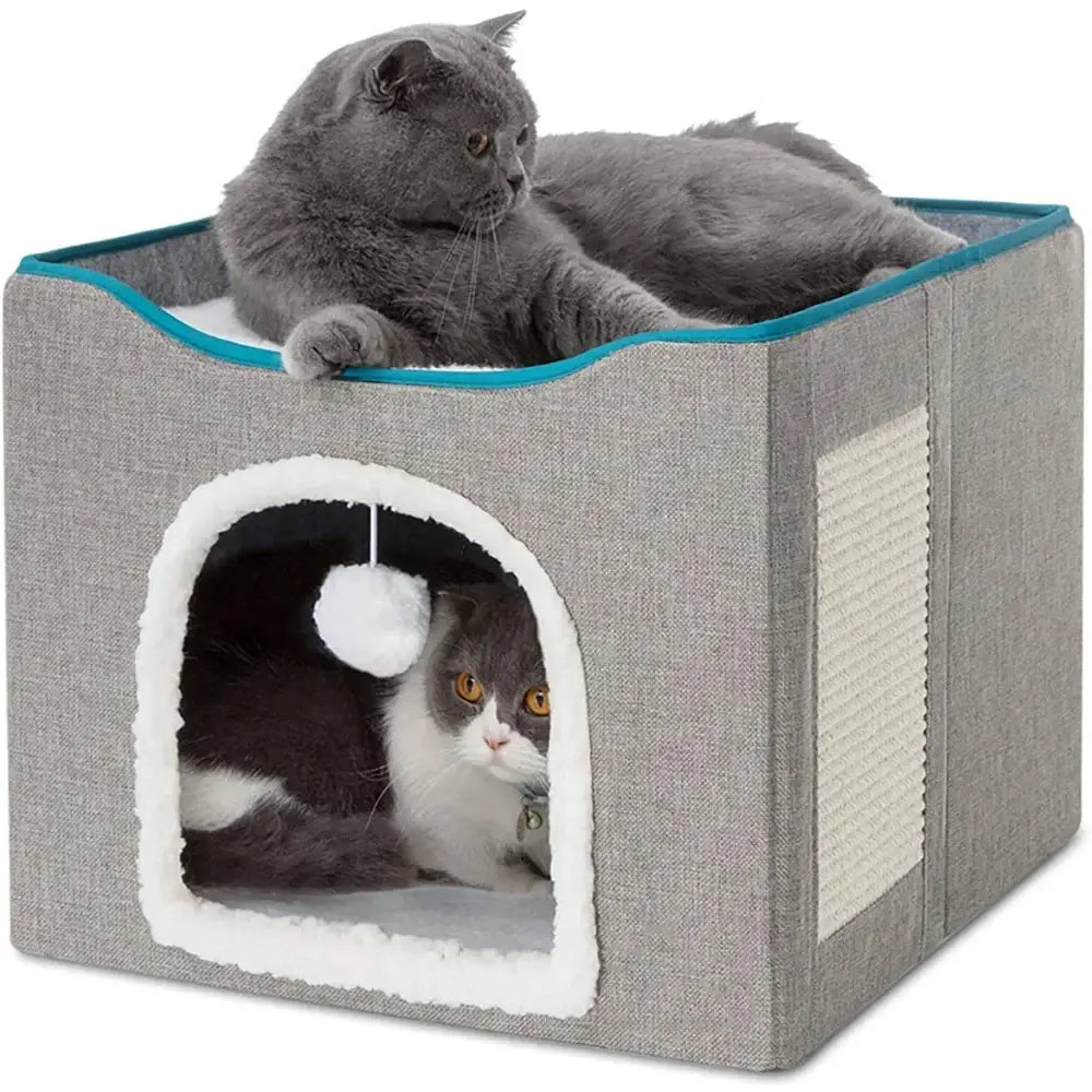 Large Cat Bed with Fluffy Ball Hanging and Scratch Pad Double Layered Foldable Cat Beds for Indoor Cats