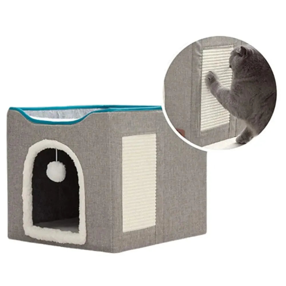 Large Cat Bed with Fluffy Ball Hanging and Scratch Pad Double Layered Foldable Cat Beds for Indoor Cats