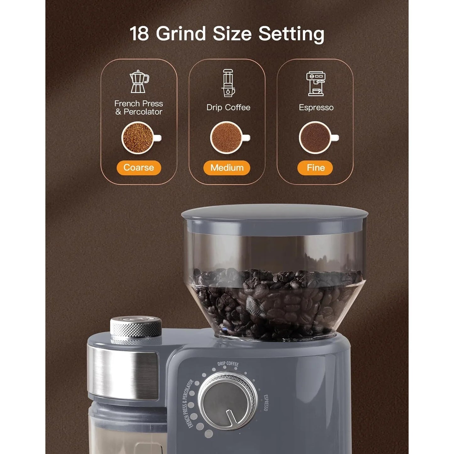 Electric Burr Mill Coffee Grinder with 18 Precise Grind Settings for Espresso, Drip and French Press - Adjustable Burr Grinder