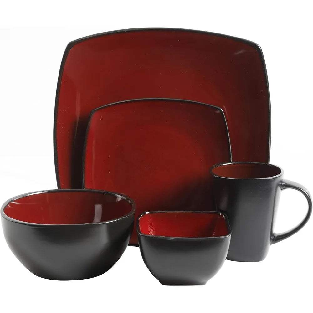 Plate Set Luxury Service for 8 (40pc) Kitchen Plates Red/Black Dish Square Reactive Glaze Stoneware