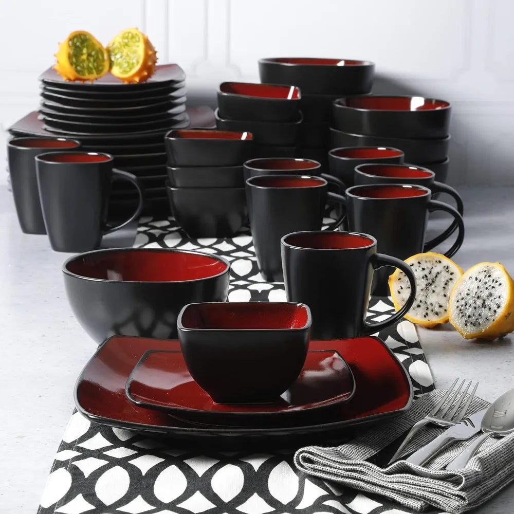 Plate Set Luxury Service for 8 (40pc) Kitchen Plates Red/Black Dish Square Reactive Glaze Stoneware