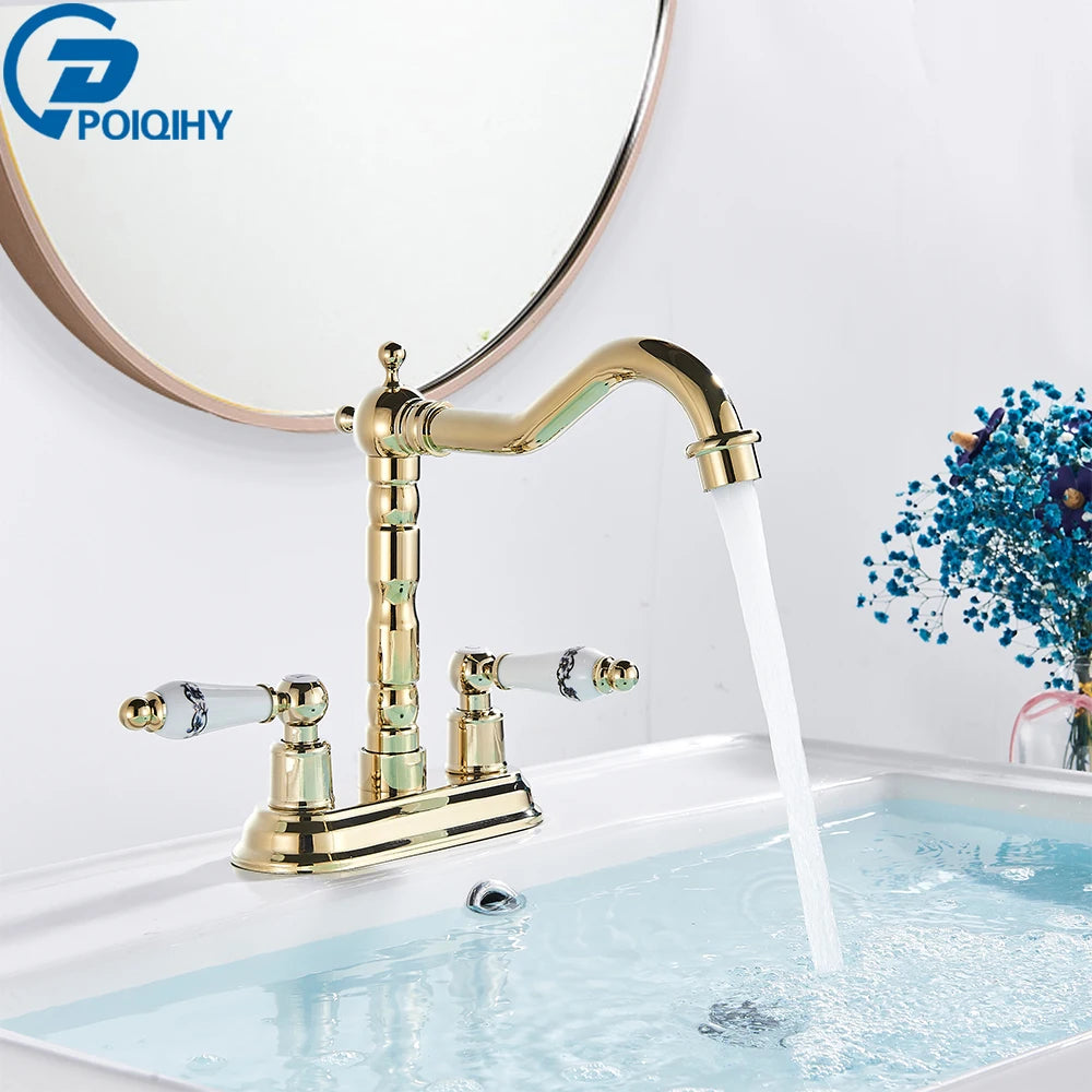 Ceramic Handle Basin Faucet Golden