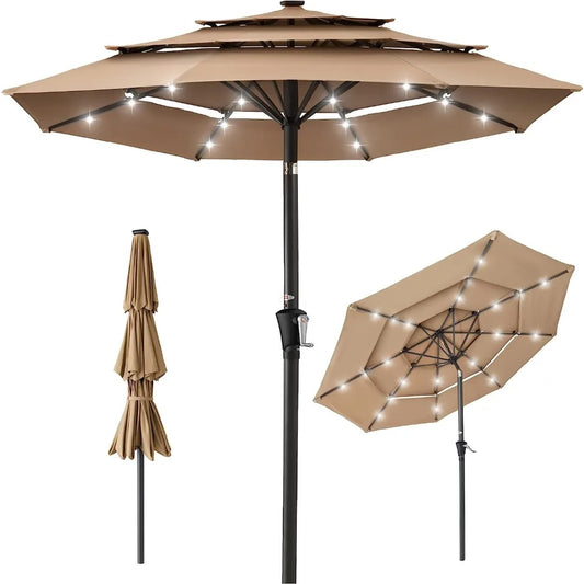 10ft 3-Tier Solar Patio Umbrella w/ 24 LED Lights, Tilt Adjustment