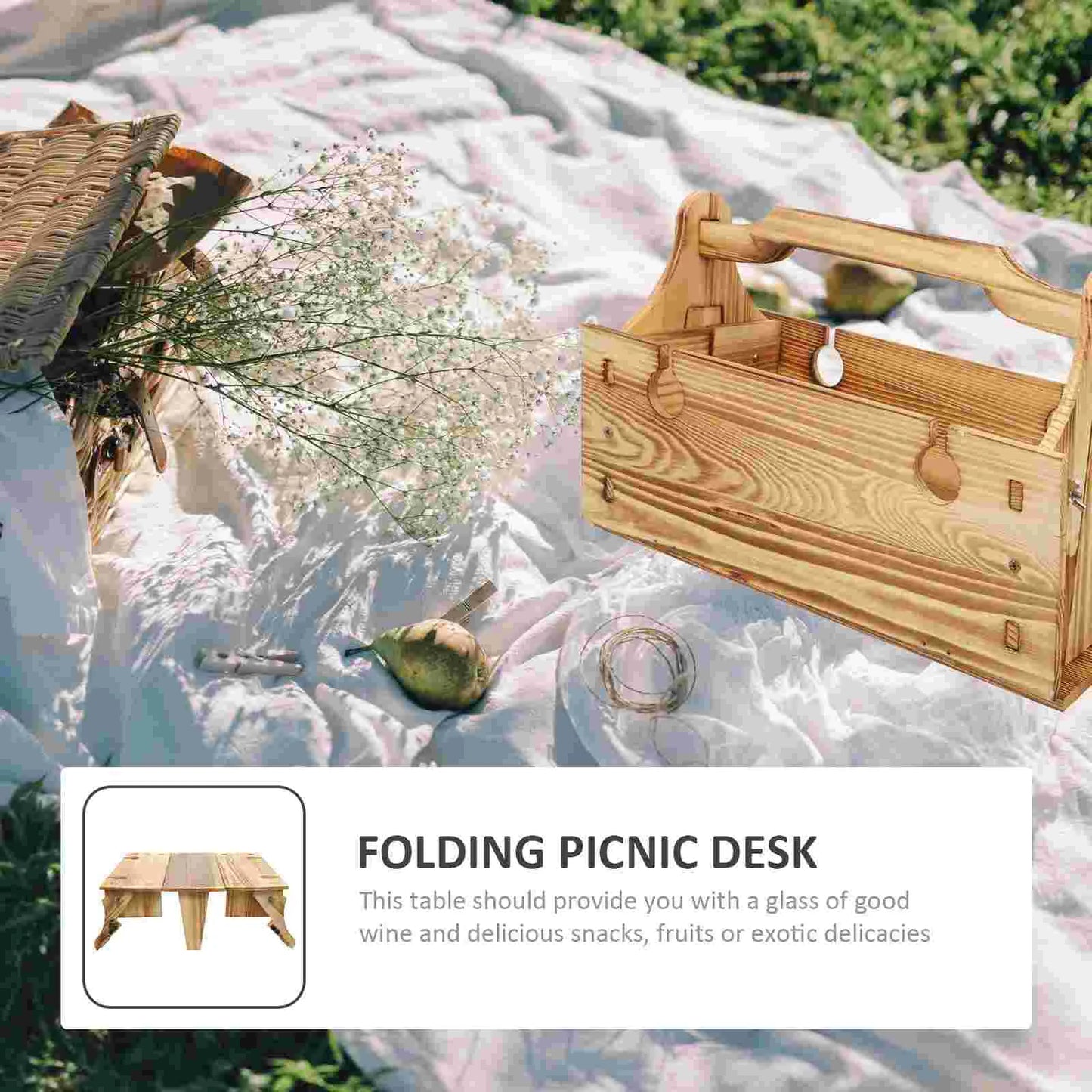 Folding Picnic Table 2 in 1 Small Picnic Table Picnic Wooden Storage Basket Convertible Basket Glasses Holder Table