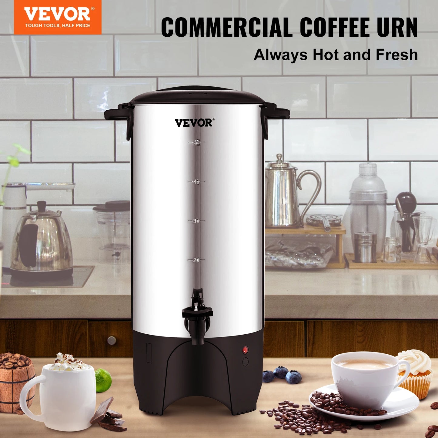 50 Cups Commercial Coffee Urn Stainless Steel Large Coffee Dispenser 1000W Electric Coffee Maker Urn For Quick Brewing