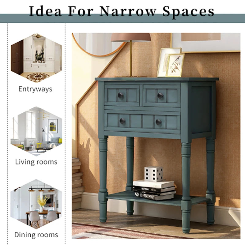 Console Table Narrow Wooden Entryway Table with 3 Storage Drawers