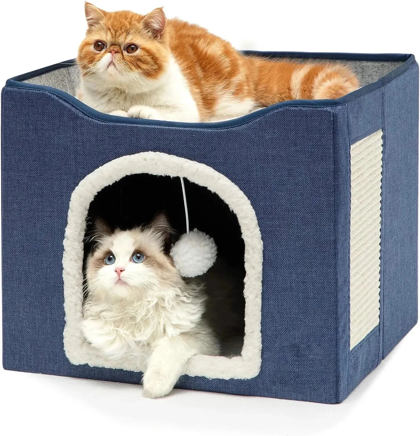 Large Cat Bed with Fluffy Ball Hanging and Scratch Pad Double Layered Foldable Cat Beds for Indoor Cats