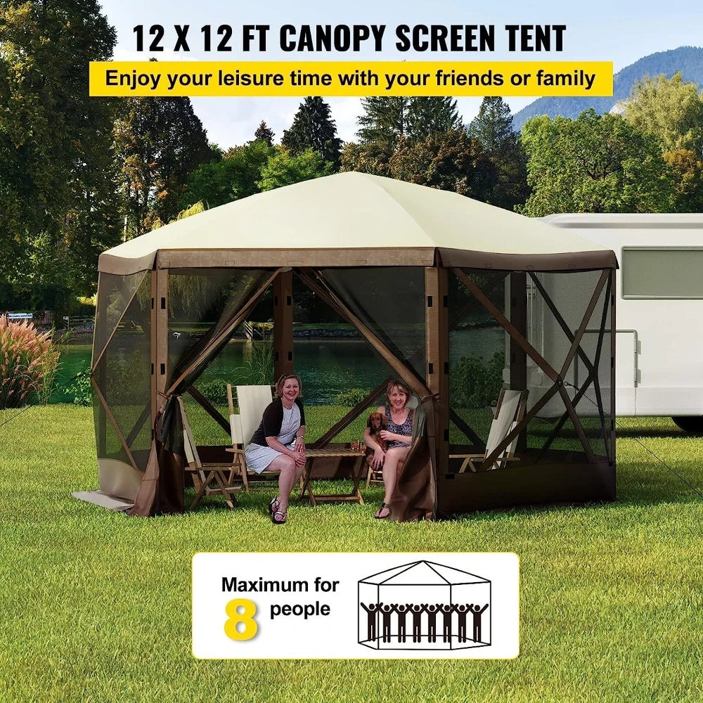 Pop-up Camping Canopy Gazebo Screen Tent, 12 x 12ft 6 Sided Shelter Tent with Mesh Windows, Carry Bag & Ground Stakes