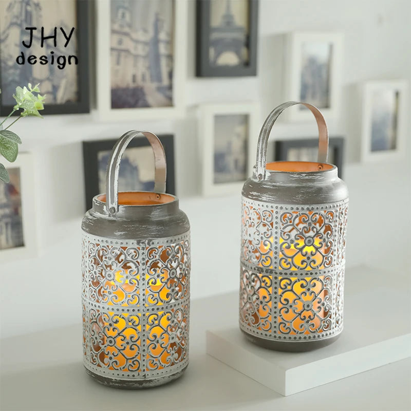 2Pcs Vintage style Lantern Metal Table Lamp with Flameless LED Candles  Table Candlestick for patio