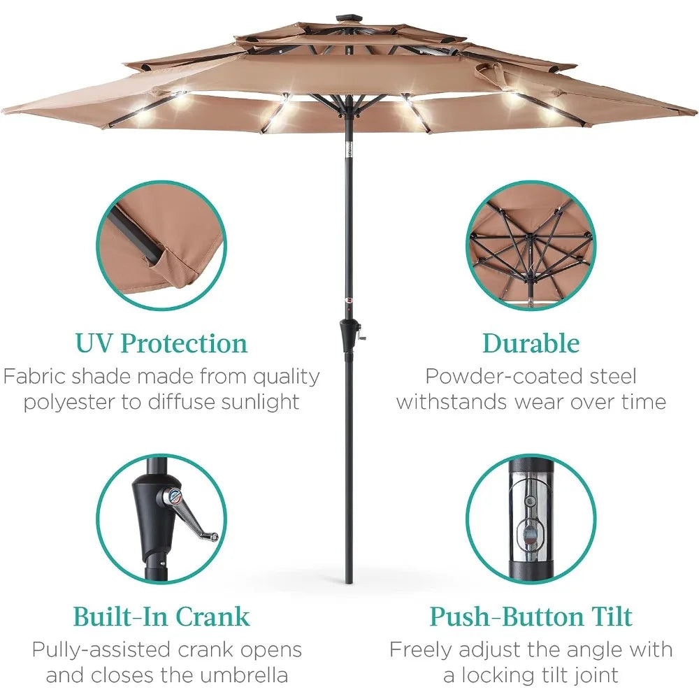 10ft 3-Tier Solar Patio Umbrella w/ 24 LED Lights, Tilt Adjustment