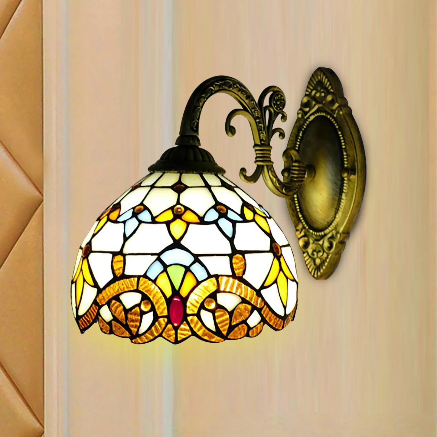 Tiffany Style Beige Dome Glass Wall Lamp Victorian Style for Bedroom Living Room Dining Room Balcony Loft