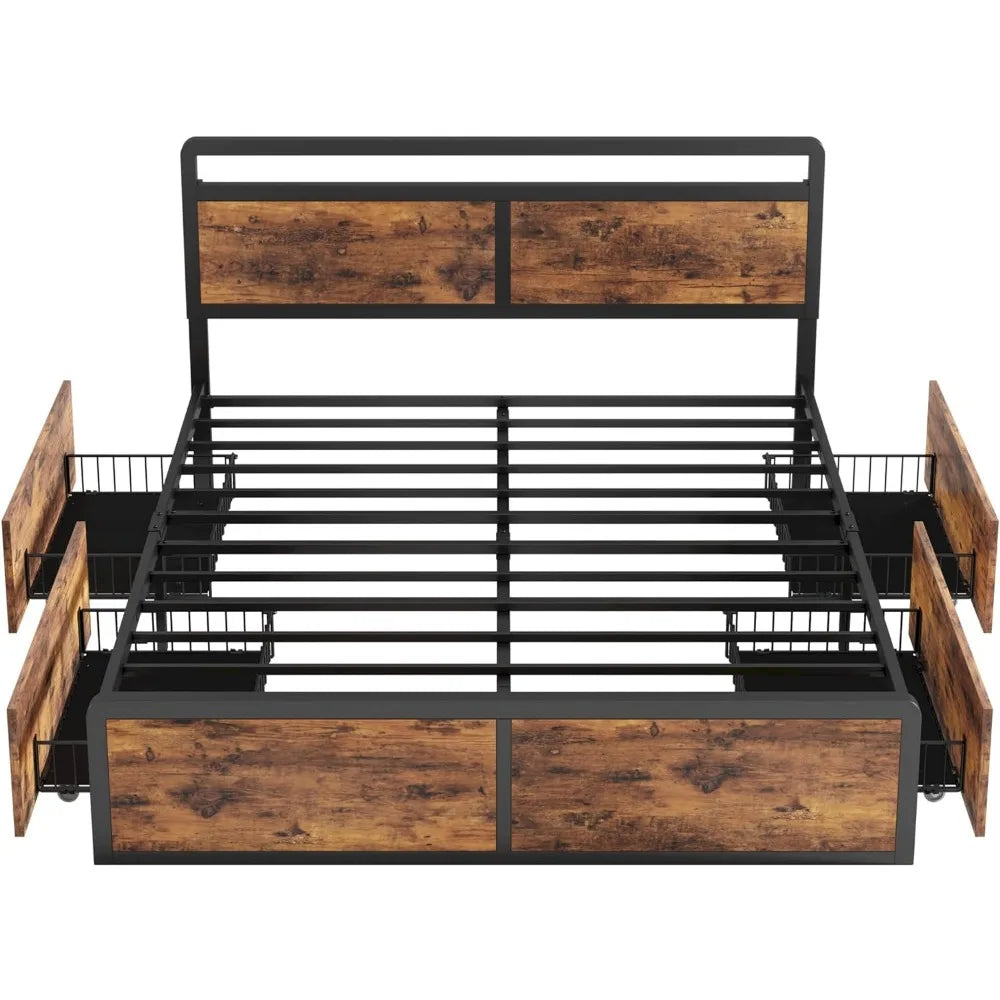 Queen Size Bed Frame with Storage, Adjustable Headboard and 4 Drawers,, No Box Spring Needed